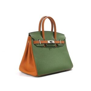 Top Grain Leather Birkin Styling Green & Orange Handbag (40 cm)